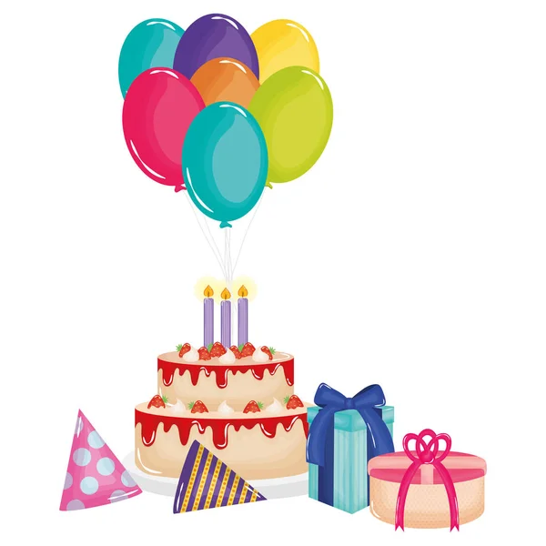 Dárkový box se sladkým koláčem a balónky Heliový — Stockový vektor