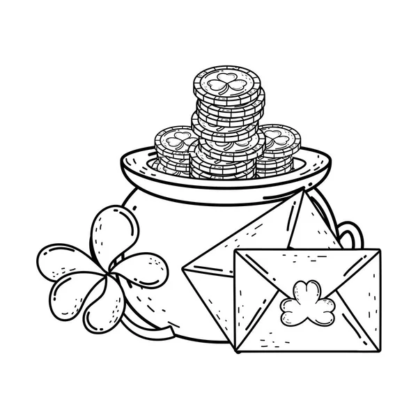 Trésor chaudron avec trèfles pièces saint patrick jour — Image vectorielle