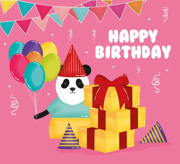 Щаслива листівка на день народження з ведмедем панди та подарунками — стоковий вектор