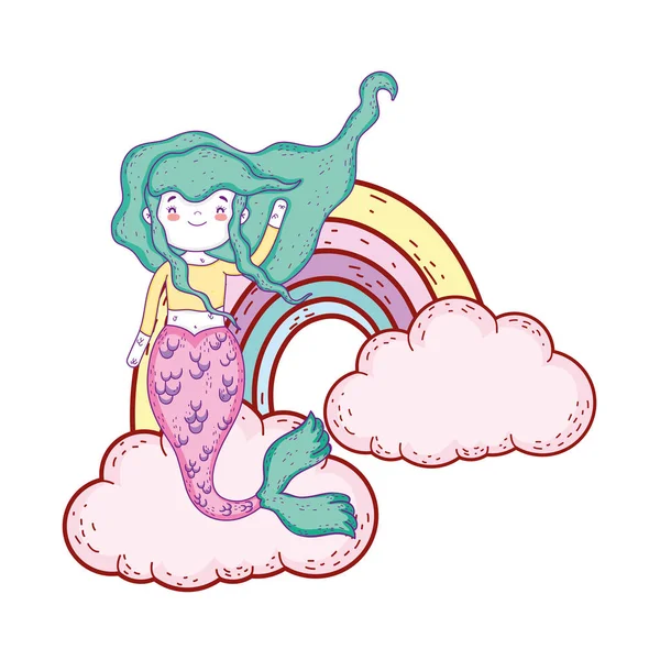 Linda sirena con nubes y arco iris — Vector de stock