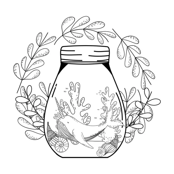 Narval bonito em frasco de pedreiro com flores de grinalda —  Vetores de Stock