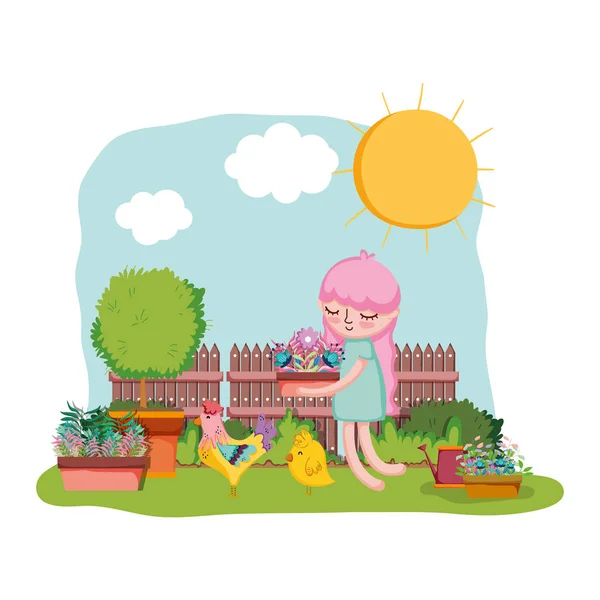 Девушка поднимает комод с петухом в саду — стоковый вектор