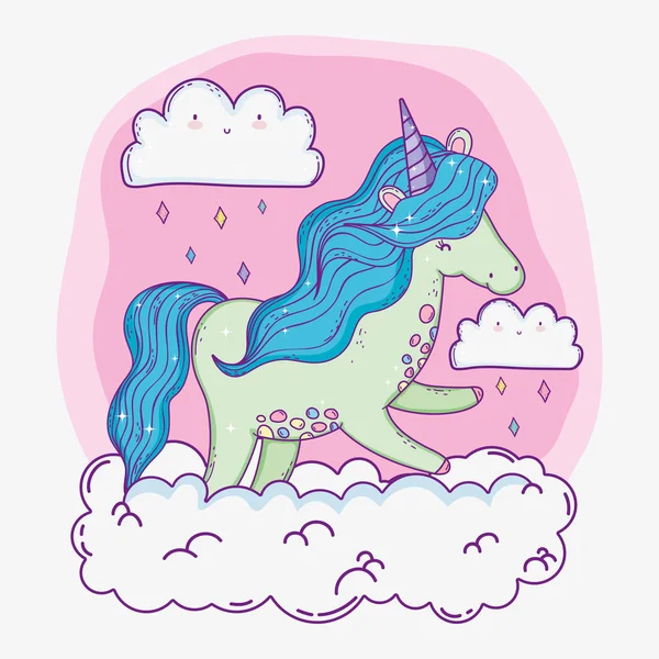 cute unicorn animal with mane in the cloud