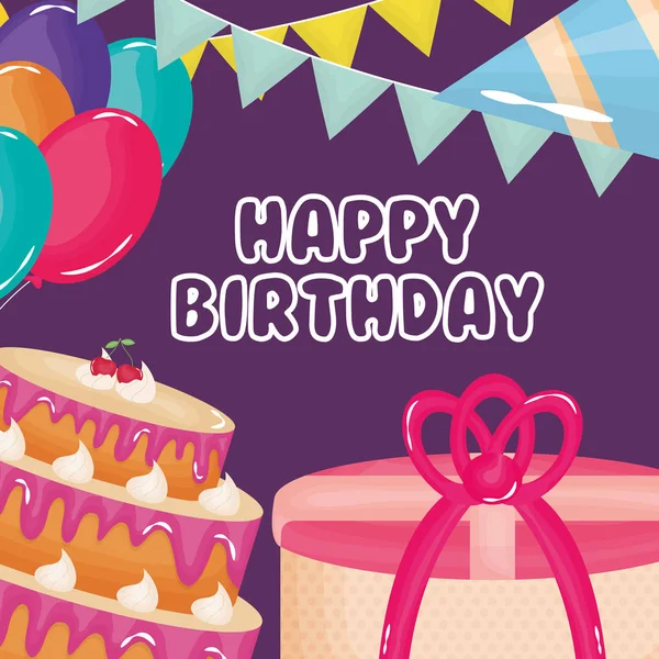 Glückwunschkarte mit Kuchen, Geschenk und Luftballons Helium — Stockvektor