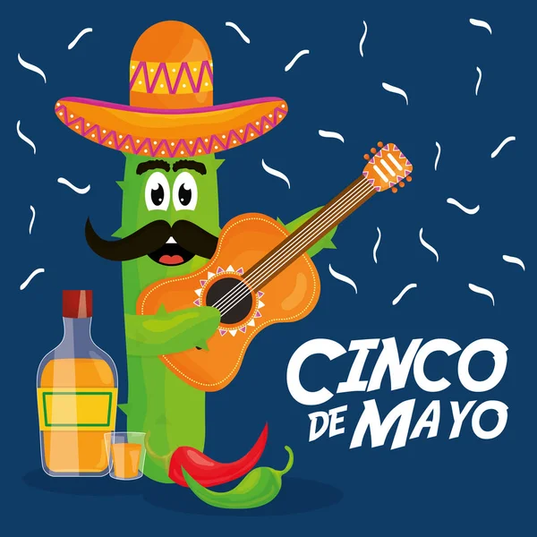 Cinco de mayo cactus personaggio suonare la chitarra — Vettoriale Stock