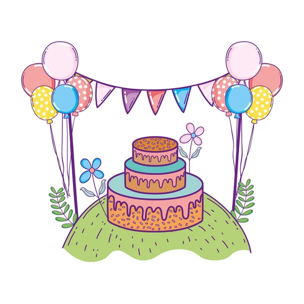 파티 케이크와 풍선 헬륨 아름 다운 풍경 — 스톡 벡터