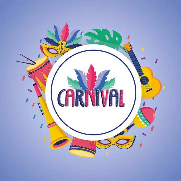 Carnaval label met masker en drum decoratie — Stockvector