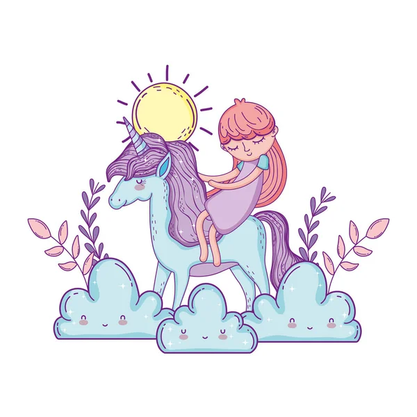 Petite licorne et princesse dans les nuages — Image vectorielle