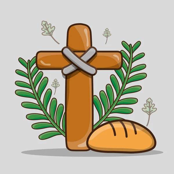 Cruz católica con ramas de palma y pan — Vector de stock