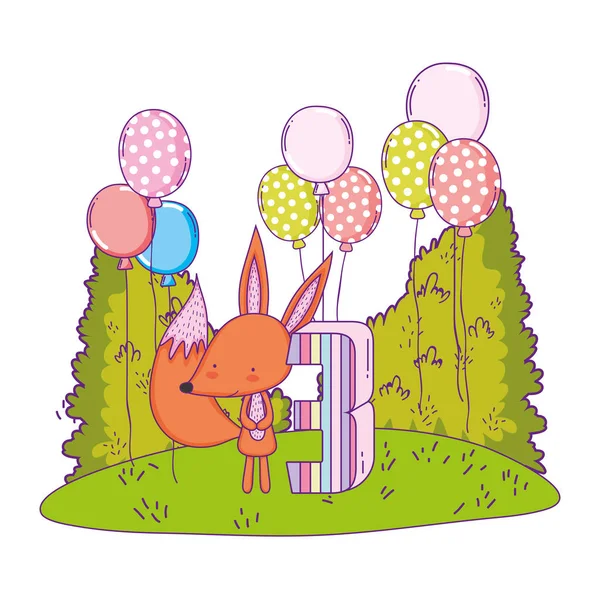 Roztomilá a malá liška s balónky helia v krajině — Stockový vektor