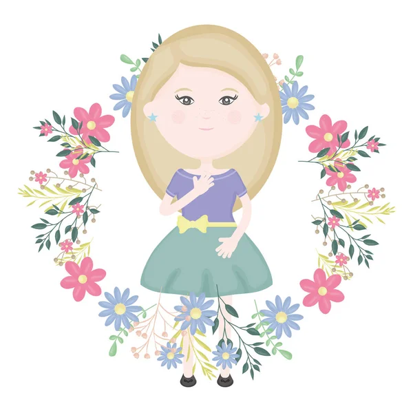 Linda niña con carácter floral corona — Vector de stock