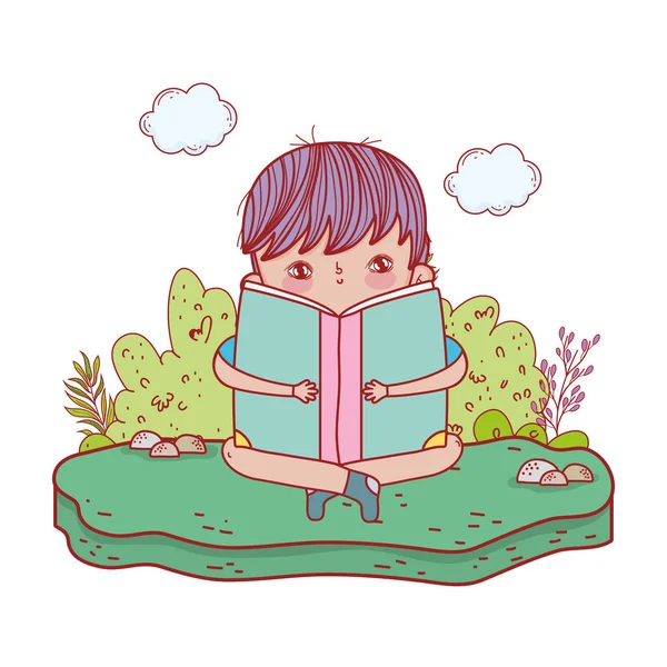 풍경에 행복 한 작은 소년이 읽기 책 — 스톡 벡터