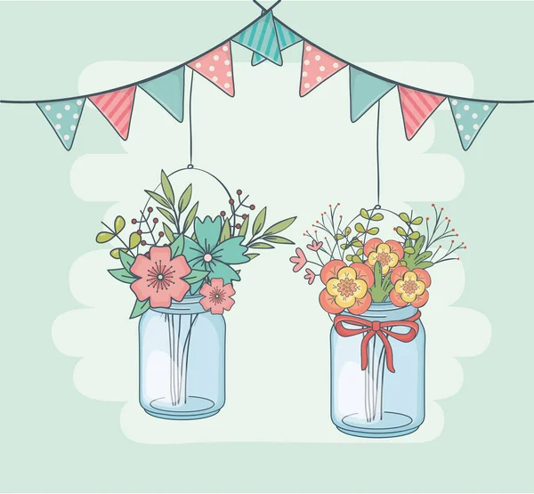 Mason jars with flower hanging in garlands — Stock Vector