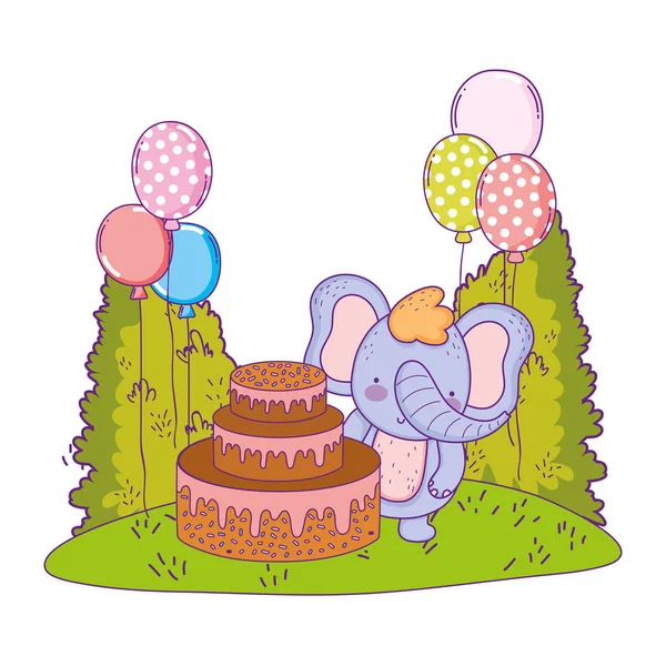 Olifant met cake en ballonnen helium in het veld — Stockvector