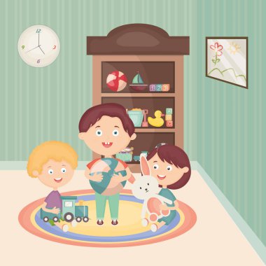 küçük çocuk grubu odada oyuncaklar ile oynuyor