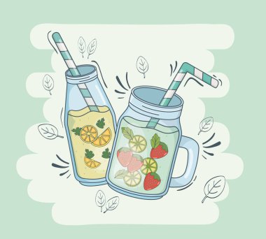 portakal ve çilek suları pipetler ile kavanoz