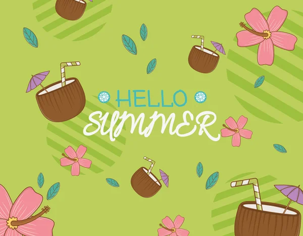 Hello summer poster with coconut cocktails — Stock Vector