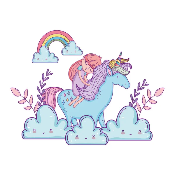 Petite licorne et princesse dans les nuages — Image vectorielle