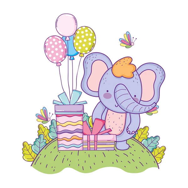 Elefante con regalos y globos helio en el campo — Archivo Imágenes Vectoriales