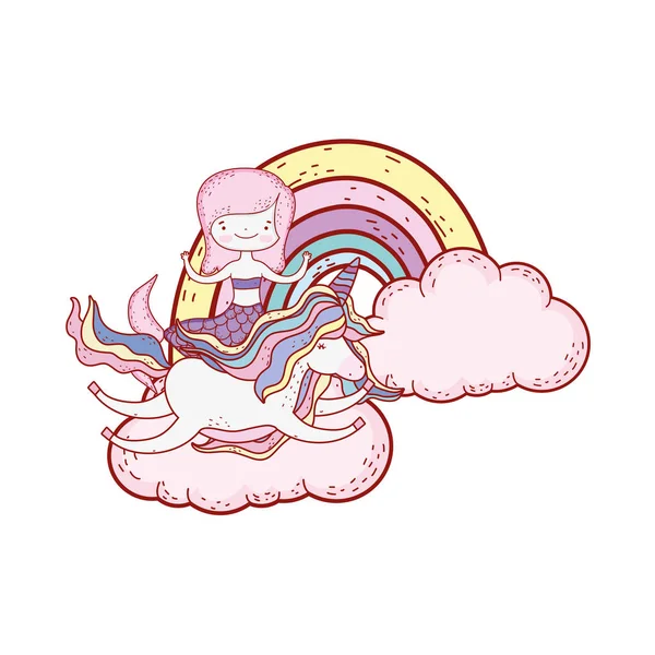 雲の中のユニコーンと虹を持つ人魚 — ストックベクタ