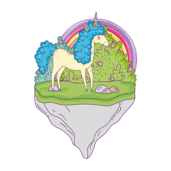 Hermoso unicornio con arco iris en el paisaje — Vector de stock