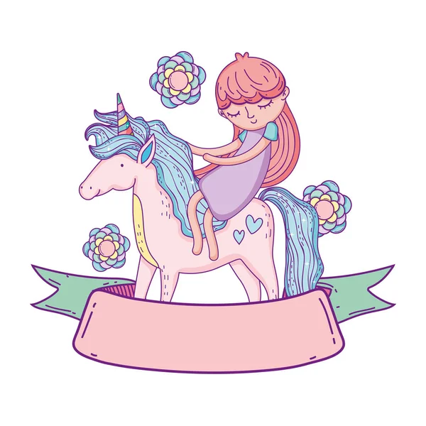Petite licorne et princesse avec fleurs et ruban — Image vectorielle