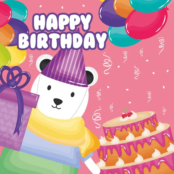 Щаслива листівка на день народження з білим ведмедем і тортом — стоковий вектор