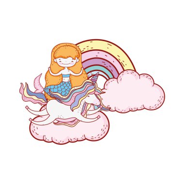 bulutlar içinde tek boynuzlu at ve gökkuşağı ile mermaid