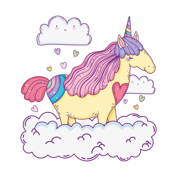 Unicorn kecil yang indah di awan - Stok Vektor