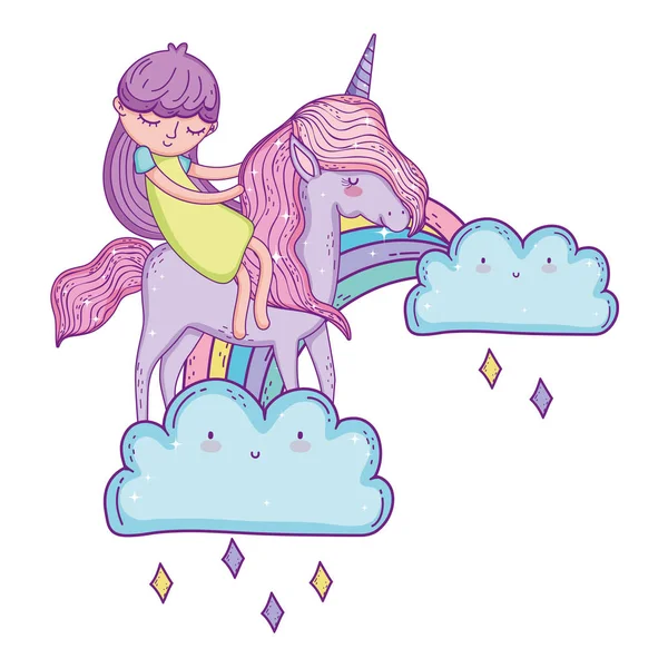 Unicorn kecil dan putri di awan - Stok Vektor