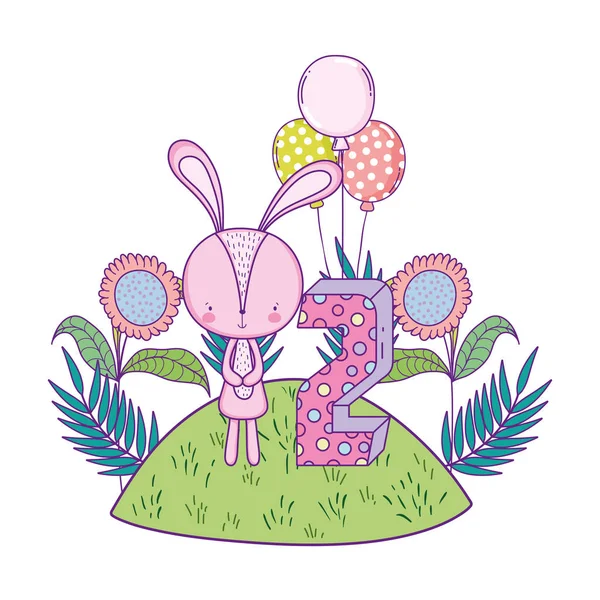 Mignon petit lapin avec ballons hélium dans le paysage — Image vectorielle