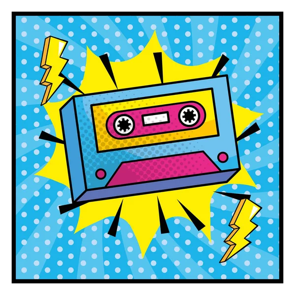 Arte pop cassette con estrella y truenos — Vector de stock