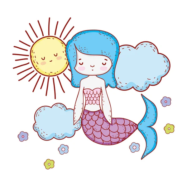 Niedliche Meerjungfrau mit Wolken und Sonne — Stockvektor