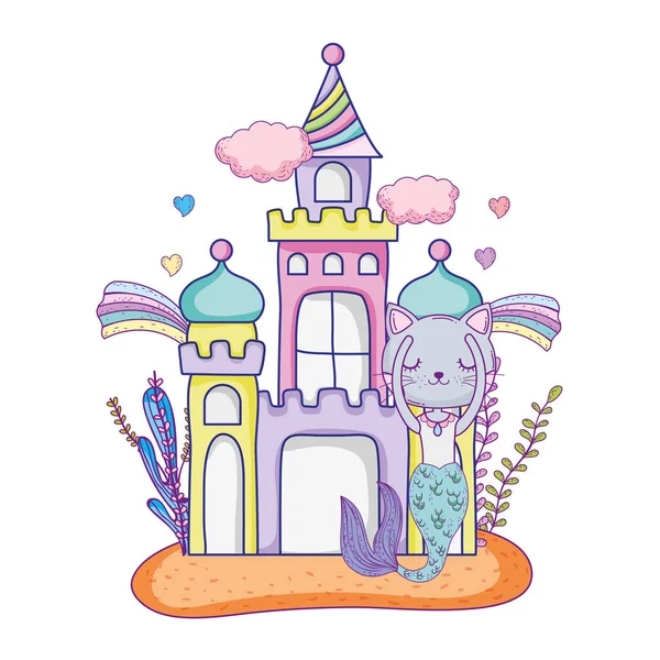 Cute purrmaid with castle undersea — Stock Vector