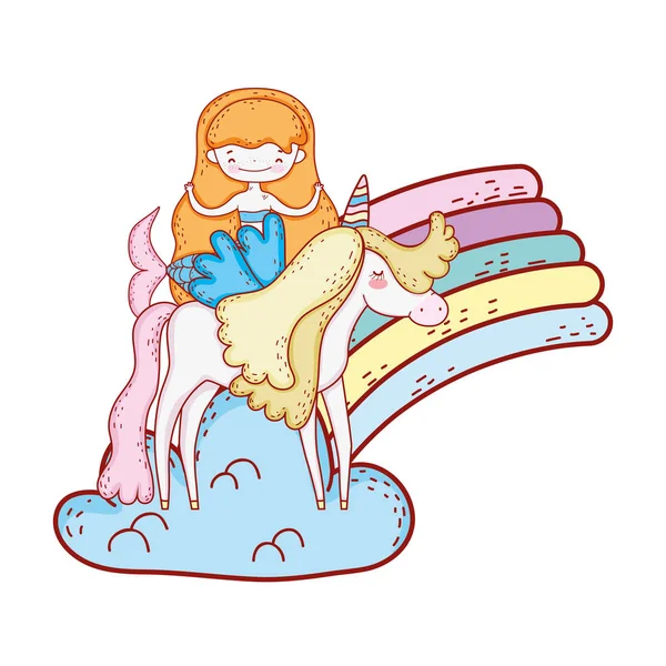 Meerjungfrau mit Einhorn und Regenbogen in Wolken — Stockvektor