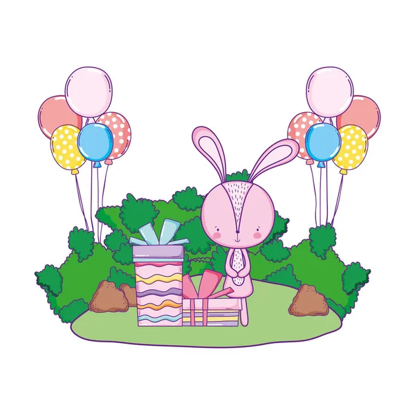 Mignon petit lapin avec ballons hélium dans le paysage — Image vectorielle