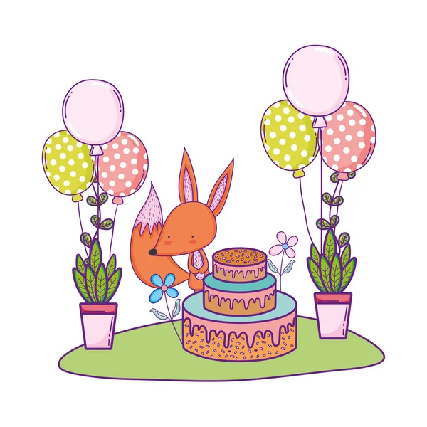 manzara içinde kek ve balonlar helyum ile tilki