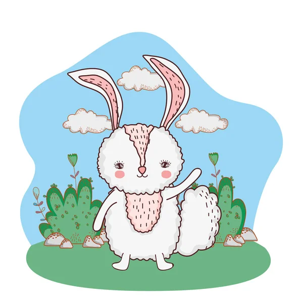 Lindo pequeño personaje de conejo en el campamento — Vector de stock