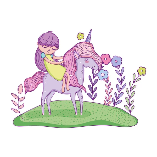 Belle petite licorne avec princesse dans le paysage — Image vectorielle