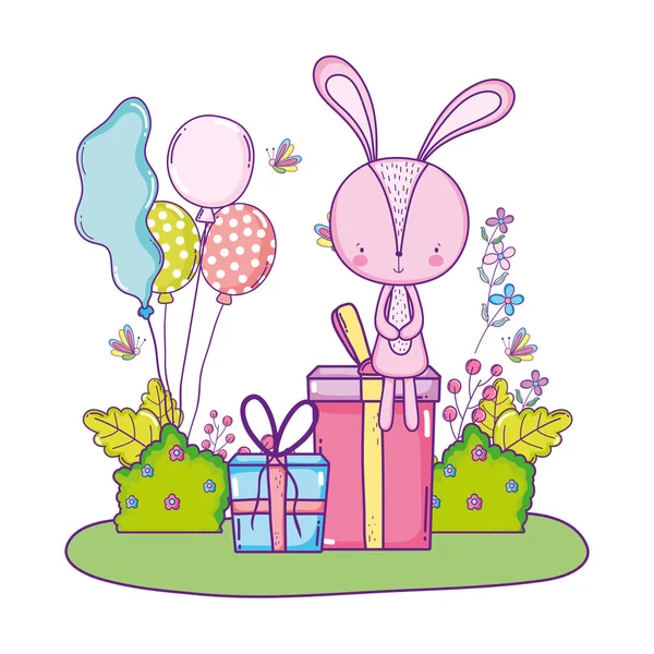 風景の中の風船ヘリウムとかわいいウサギ — ストックベクタ