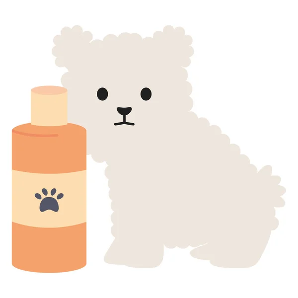 Mały pies urocza maskotka z butelką szamponu — Wektor stockowy