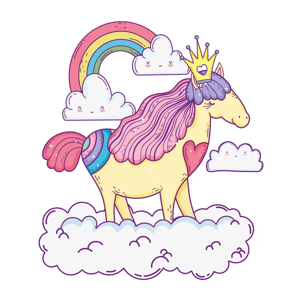 Beautiful little unicorn in the clouds and rainbow — Stock Vector