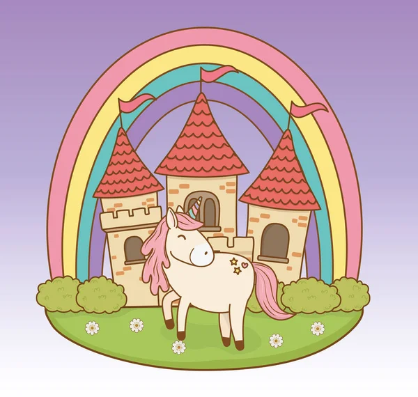 Mignon conte de fées licorne avec château et arc-en-ciel — Image vectorielle