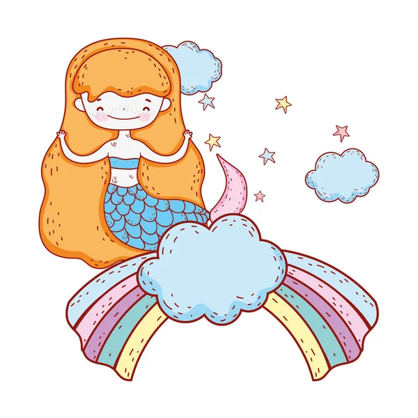 Linda sirena con nubes y arco iris — Vector de stock