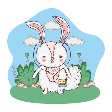 parkta walkman ile sevimli küçük tavşan