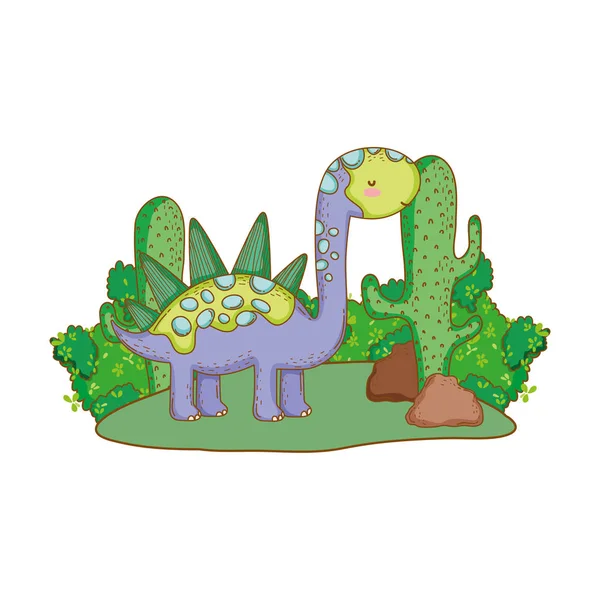 Милый апатозавр с кактусом в пейзаже — стоковый вектор