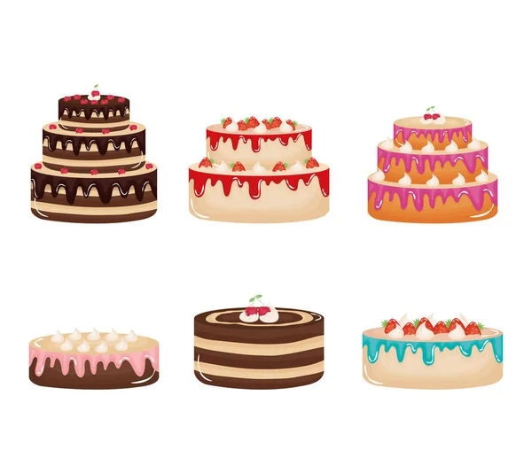 Ensemble de délicieux styles et saveurs de gâteaux sucrés — Image vectorielle