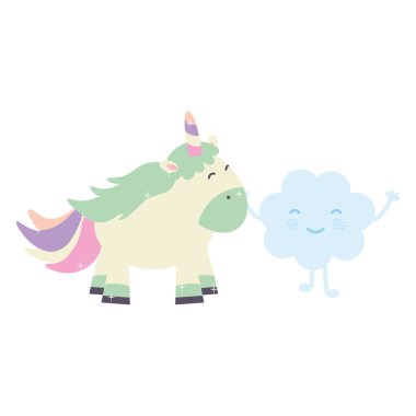 şirin sevimli Unicorn ve bulutlar Kawaii peri karakterler