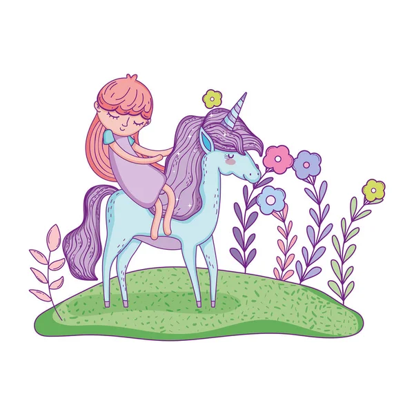Unicorn kecil yang indah dengan putri di lanskap - Stok Vektor