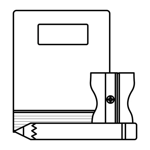 Libro di testo fornitura scolastica con matita e temperamatite — Vettoriale Stock